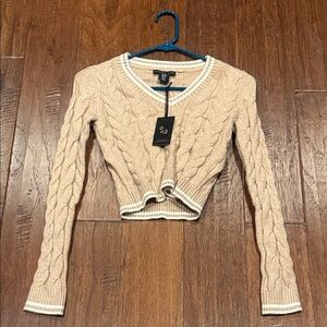 NWT! XS Sincerely Jules Beige Cable Knit V-Neck Sweater